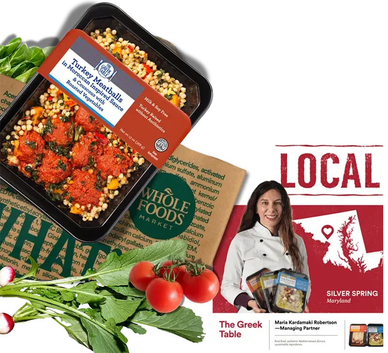 The Greek Table by Demeter's Pantry Turkey Meatballs in Moroccan Inspired Sauce with Couscous featured as a local product at Whole Foods Market by founder Maria Kardamaki Robertson, Silver Spring Maryland