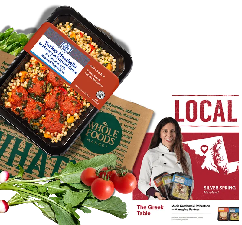 Prepared meal from Demeter’s Pantry featured with Whole Foods Market local promotion.