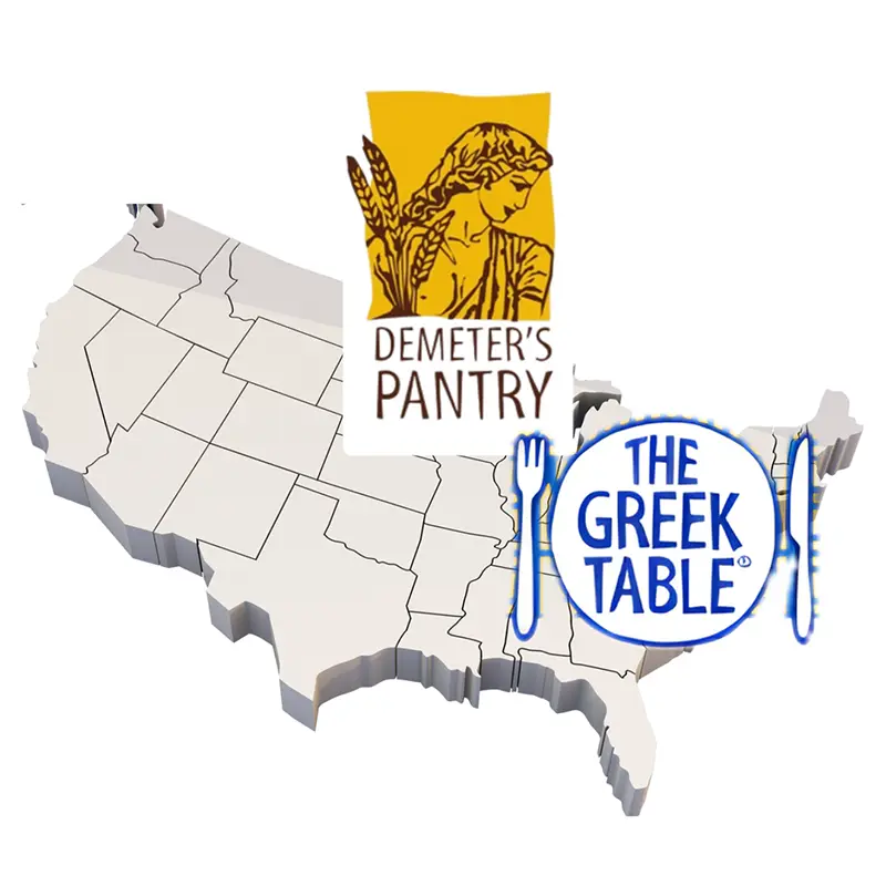 Map of the United States showing Demeter’s Pantry and The Greek Table brand presence.