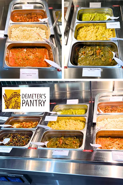 Chef-prepared meals displayed in a food service station at Demeter’s Pantry.