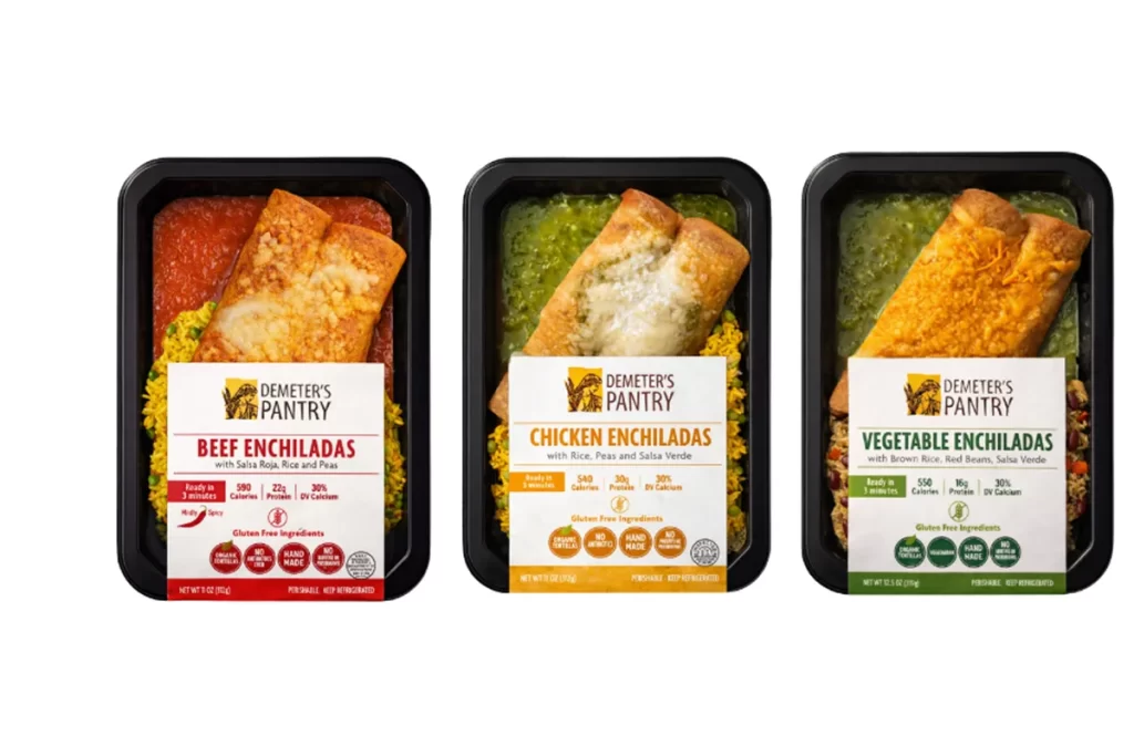 Demeter’s Pantry ready-to-eat enchiladas meals including beef enchiladas, chicken enchiladas, and vegetable enchiladas with rice and sauce