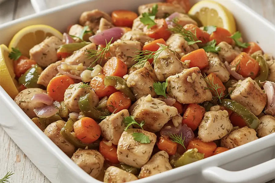 Mediterranean lemon garlic chicken with roasted vegetables including carrots peppers and onions