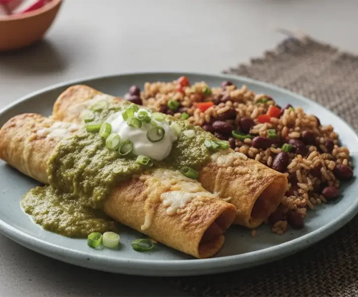 Lifestyle food photography of plated Gluten Free Vegetable Enchiladas with Salsa Verde, sour cream and green onions served with brown rice and red beans by Demeter's Pantry