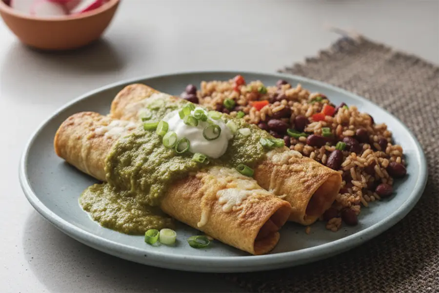 vegetable enchiladas with salsa verde topped with sour cream and green onions served with rice and beans