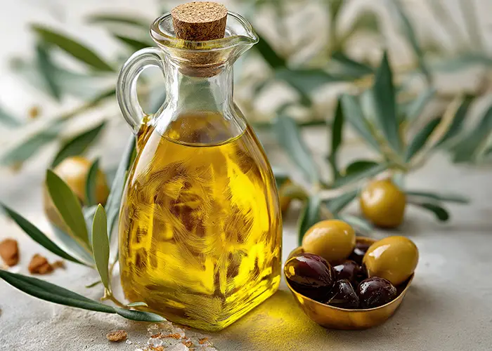 Extra virgin olive oil with fresh olives and leaves, Mediterranean natural ingredient for healthy cooking