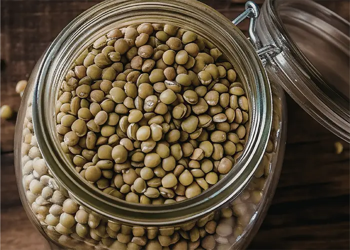 Green lentils in a glass jar, plant-based protein ingredient used in Mediterranean healthy meals