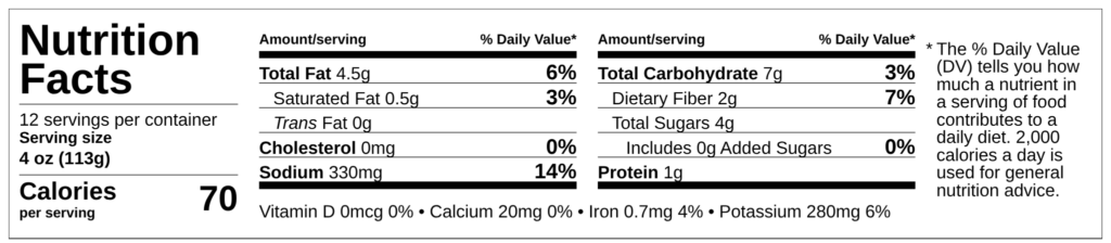 Nutrition facts for Demeter's Pantry Salsa Verde, fresh tomatillos, 70 calories per serving, vegan Hispanic bulk sauce for foodservice