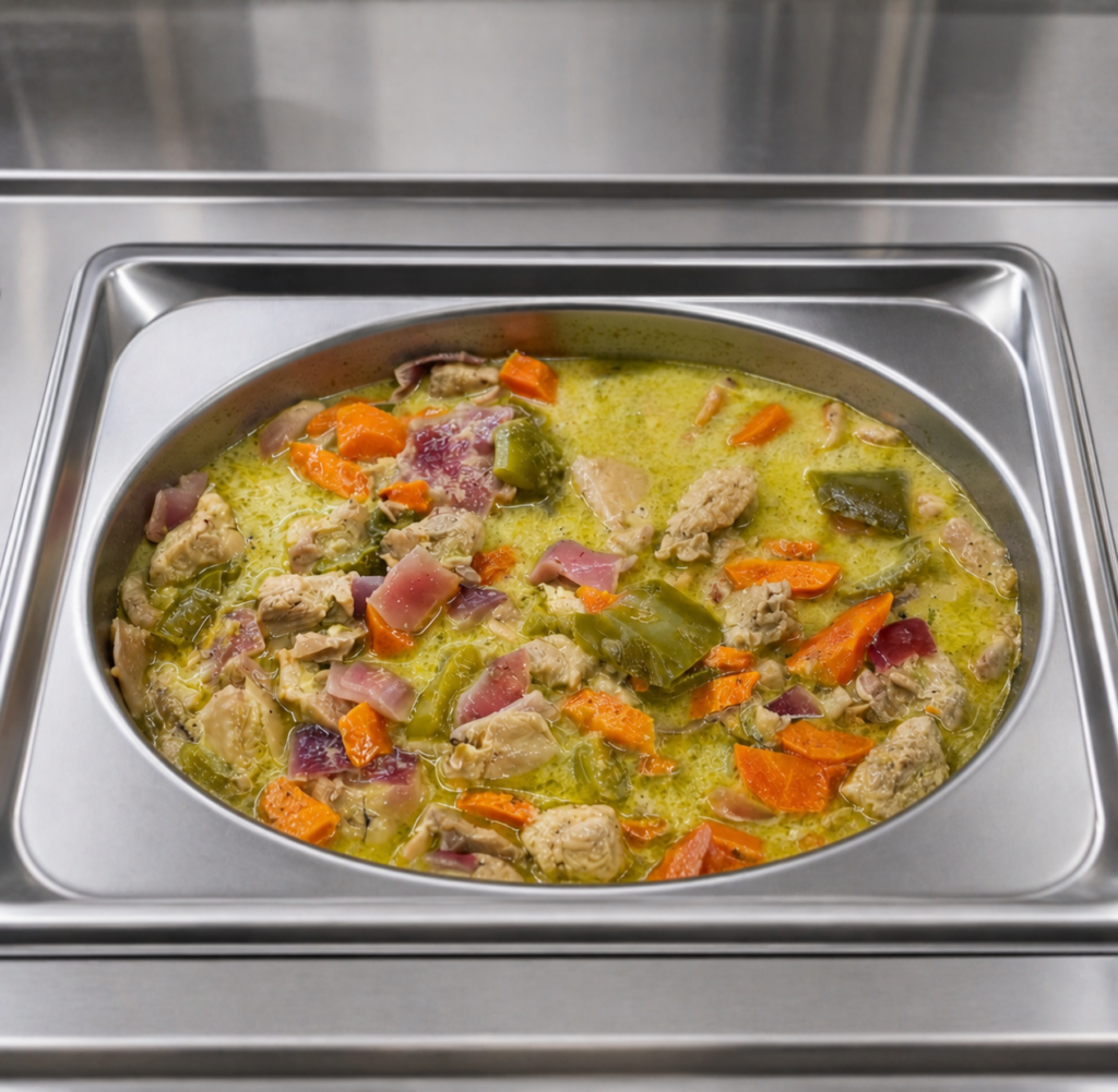 Demeter's Pantry Greek-style chicken with lemon garlic sauce in a foodservice hot bar pan, Mediterranean heat-and-serve entree for cafeterias and deli cases