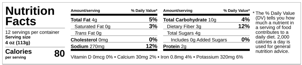 Nutrition facts for Demeter's Pantry Salsa Roja bulk sauce, 80 calories per serving, vegan Hispanic sauce made with guajillo peppers for foodservice