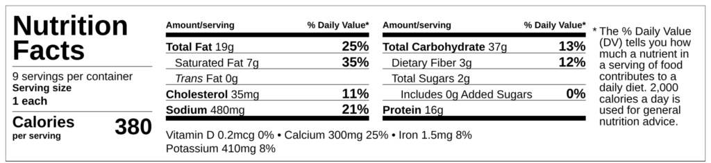 Nutrition facts label for Black Bean and Corn Quesadilla by Demeter's Pantry — 380 calories, 16g protein, 3g fiber per serving