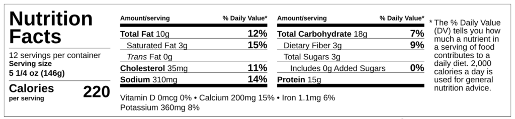 Nutrition facts label for Chicken Enchiladas by Demeter's Pantry — 220 calories, 15g protein, 3g fiber per serving