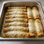 Tray of baked chicken enchiladas with salsa verde and melted mozzarella cheese in a steam table pan for foodservice by Demeter's Pantry