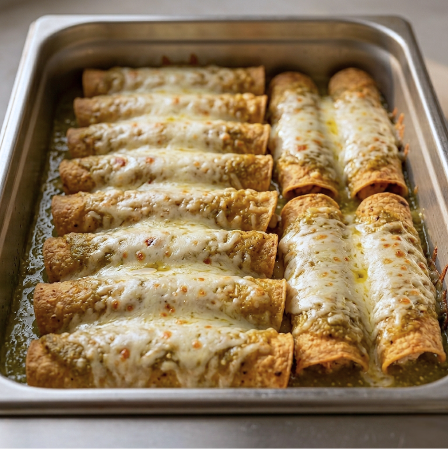 Tray of baked chicken enchiladas with salsa verde and melted mozzarella cheese in a steam table pan for foodservice by Demeter's Pantry