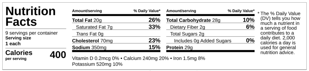 Nutrition facts label for Chicken Salsa Roja Quesadilla by Demeter's Pantry — 400 calories, 29g protein, 2g fiber per serving