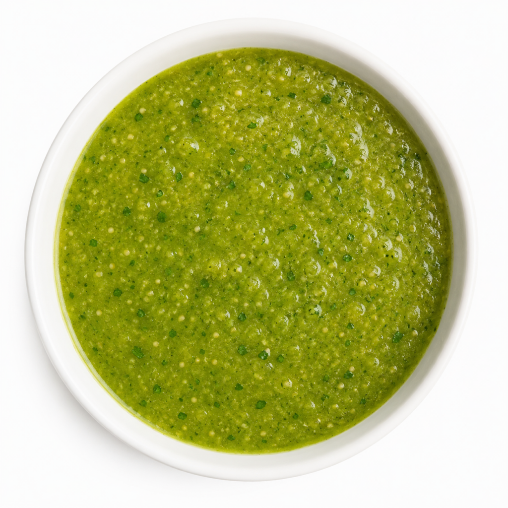 Demeter's Pantry Salsa Verde bulk sauce made with fresh tomatillos and smoked jalapeños, vegan Hispanic sauce for foodservice programs