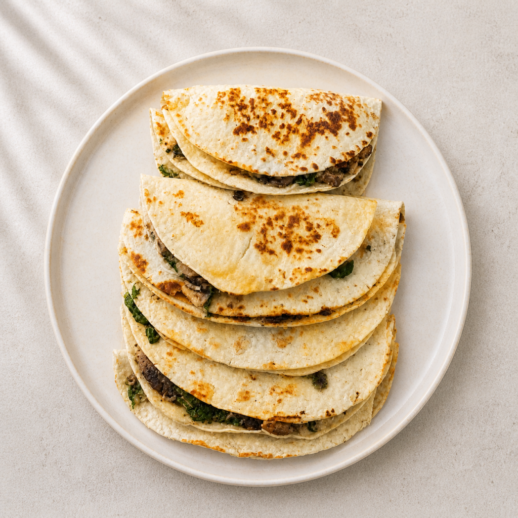 Stacked Mushroom and Spinach Quesadillas on a white plate, pre-grilled flour tortillas filled with mushrooms, spinach, and Monterey Jack cheese