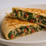 Halved Mushroom and Spinach Quesadilla showing sautéed portobello mushrooms, wilted spinach, roasted red peppers, and melted Monterey Jack cheese on a grilled flour tortilla
