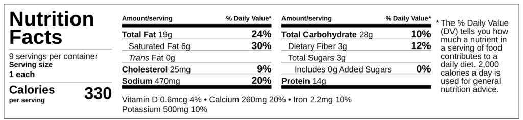 Nutrition facts label for Mushroom and Spinach Quesadilla by Demeter's Pantry — 330 calories, 14g protein, 3g fiber per serving