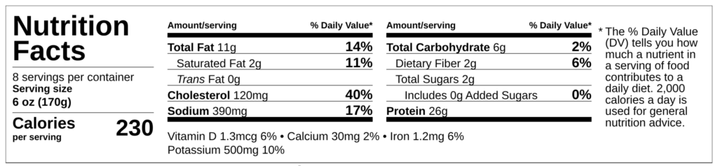 Nutrition facts label for Demeter's Pantry Greek Chicken Stifado, 230 calories per 6 oz serving with 26g protein, made with chicken thigh, diced tomatoes, red onion, and Cabernet Sauvignon
