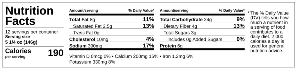 Nutrition facts label for Vegetable Enchiladas by Demeter's Pantry — 190 calories, 6g protein, 4g fiber per serving