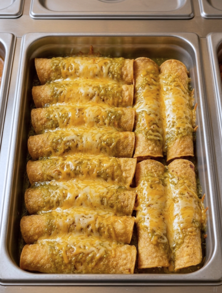 Baked vegetable enchiladas with salsa verde and melted cheddar cheese in a steam table pan for foodservice by Demeter's Pantry