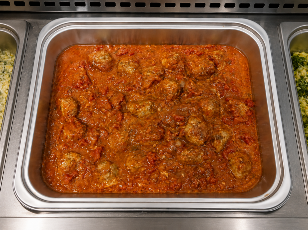 Demeter's Pantry turkey meatballs in Moroccan sauce in a hot bar tray