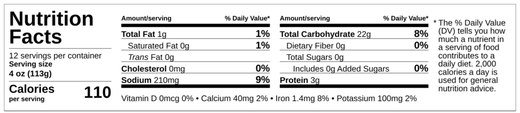 Nutrition facts label for Demeter's Pantry Yellow Rice, 110 calories per 4 oz serving