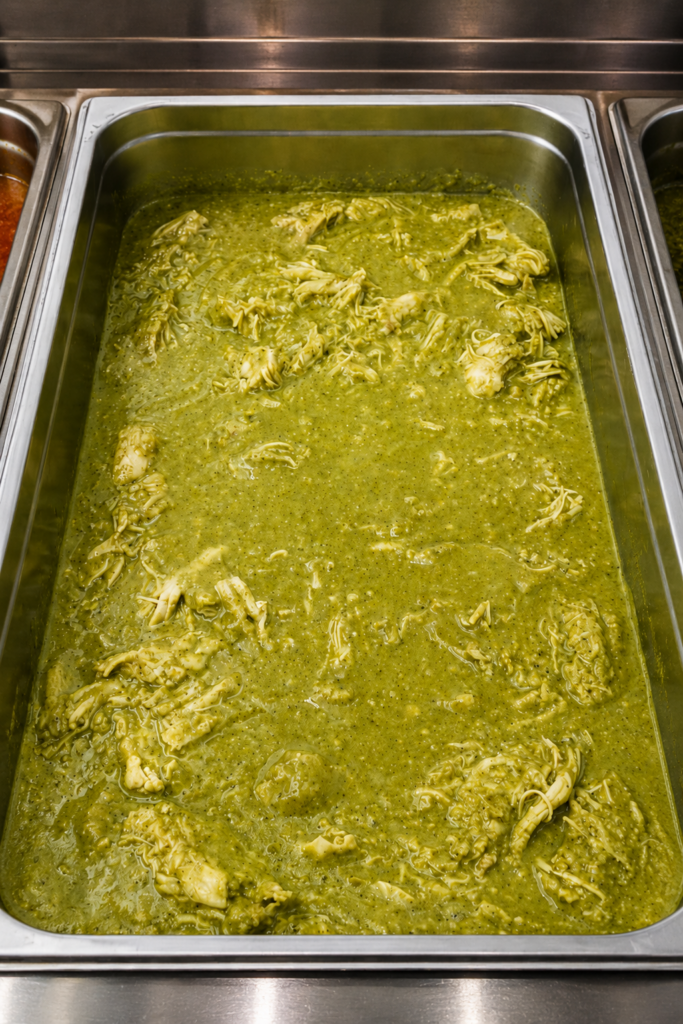 Demeter's Pantry Chicken Verde shredded chicken breast in tomatillo salsa verde in a hot bar tray