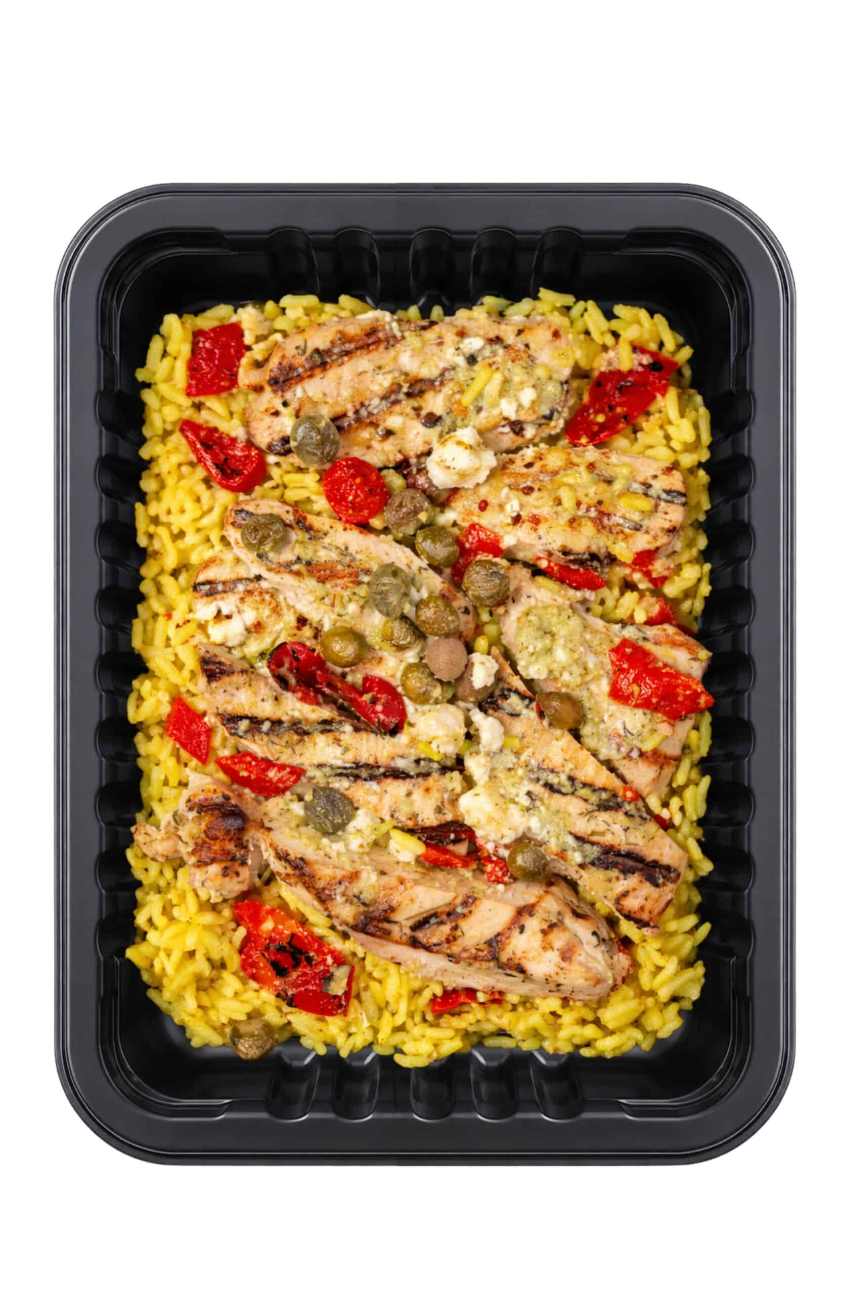 Demeter's Pantrty The Greek Table Greek-Inspired Chicken Bowl with white chicken meat, roasted red peppers, and feta cheese in lemon tarragon dressing, a prepared meal with 39g protein and gluten free ingredients, ready in 3 minutes