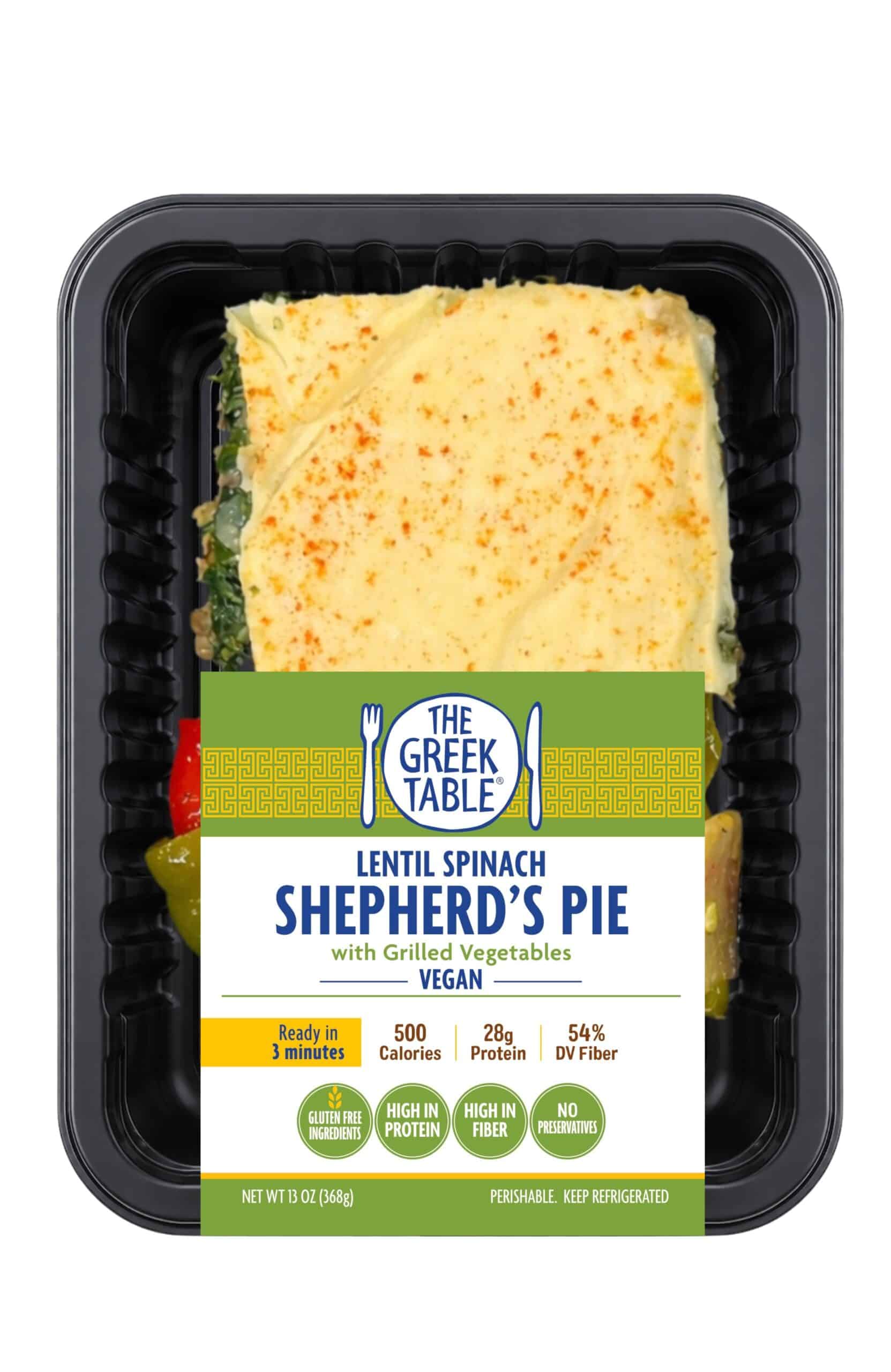 The Greek Table Lentil Spinach Shepherd's Pie with grilled vegetables, a vegan, high protein, high fiber prepared meal with 28g protein and gluten free ingredients, ready in 3 minutes