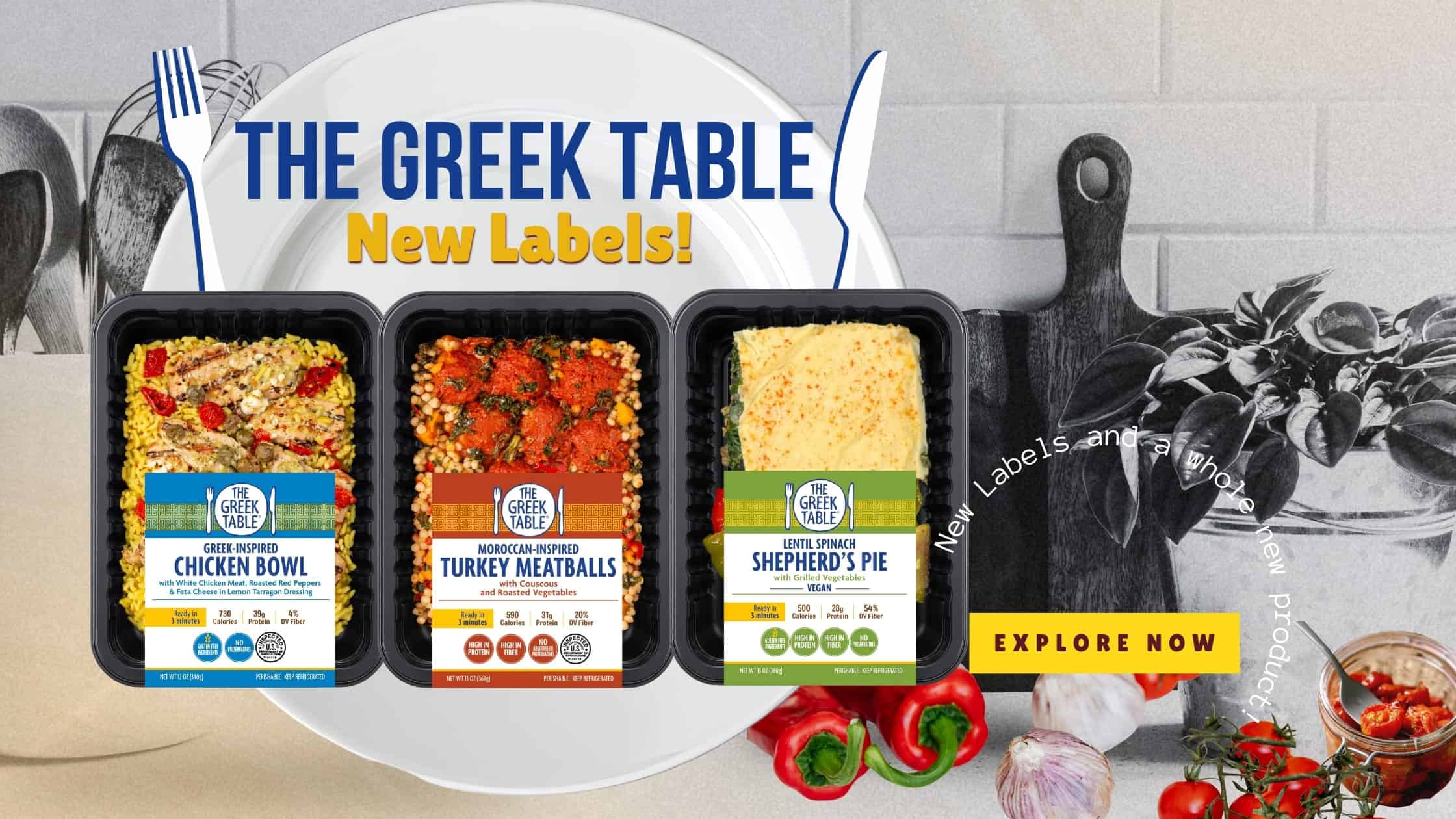 The Greek Table gluten-free Chicken Bowl, Turkey Meatballs, and Shepherd's Pie prepared meals with new labels