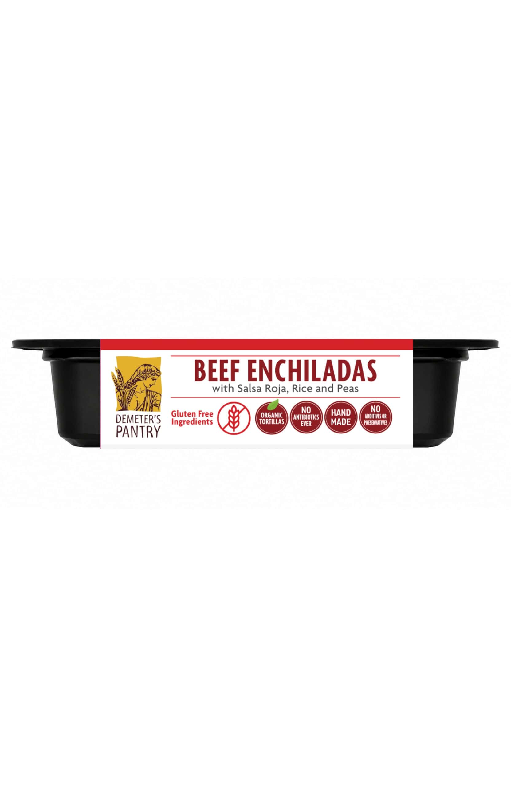 Demeter's Pantry beef enchiladas with salsa roja, rice, and peas in a black tray.