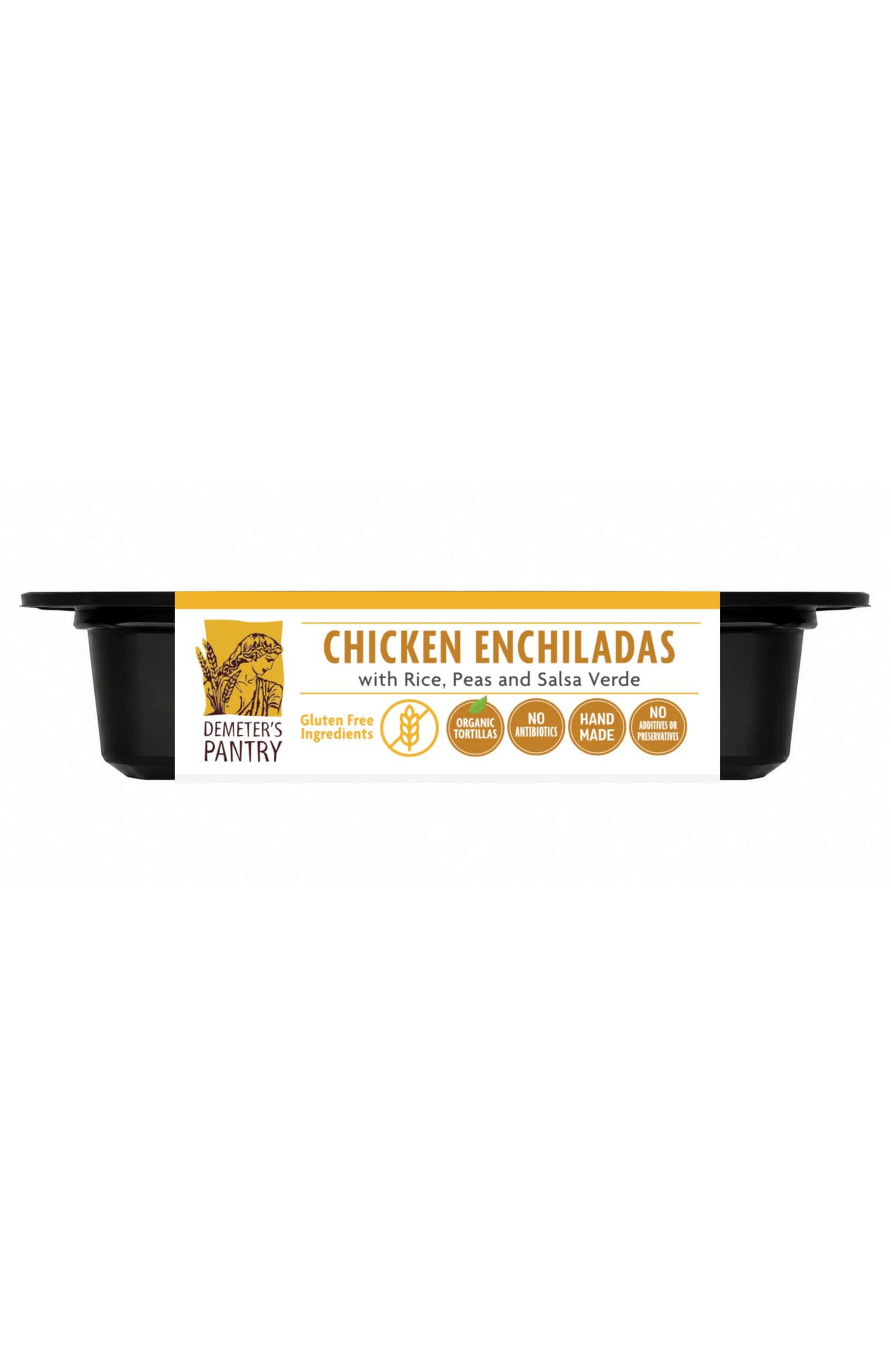 Demeter's Pantry chicken enchiladas with rice, peas, and salsa verde in a black tray.
