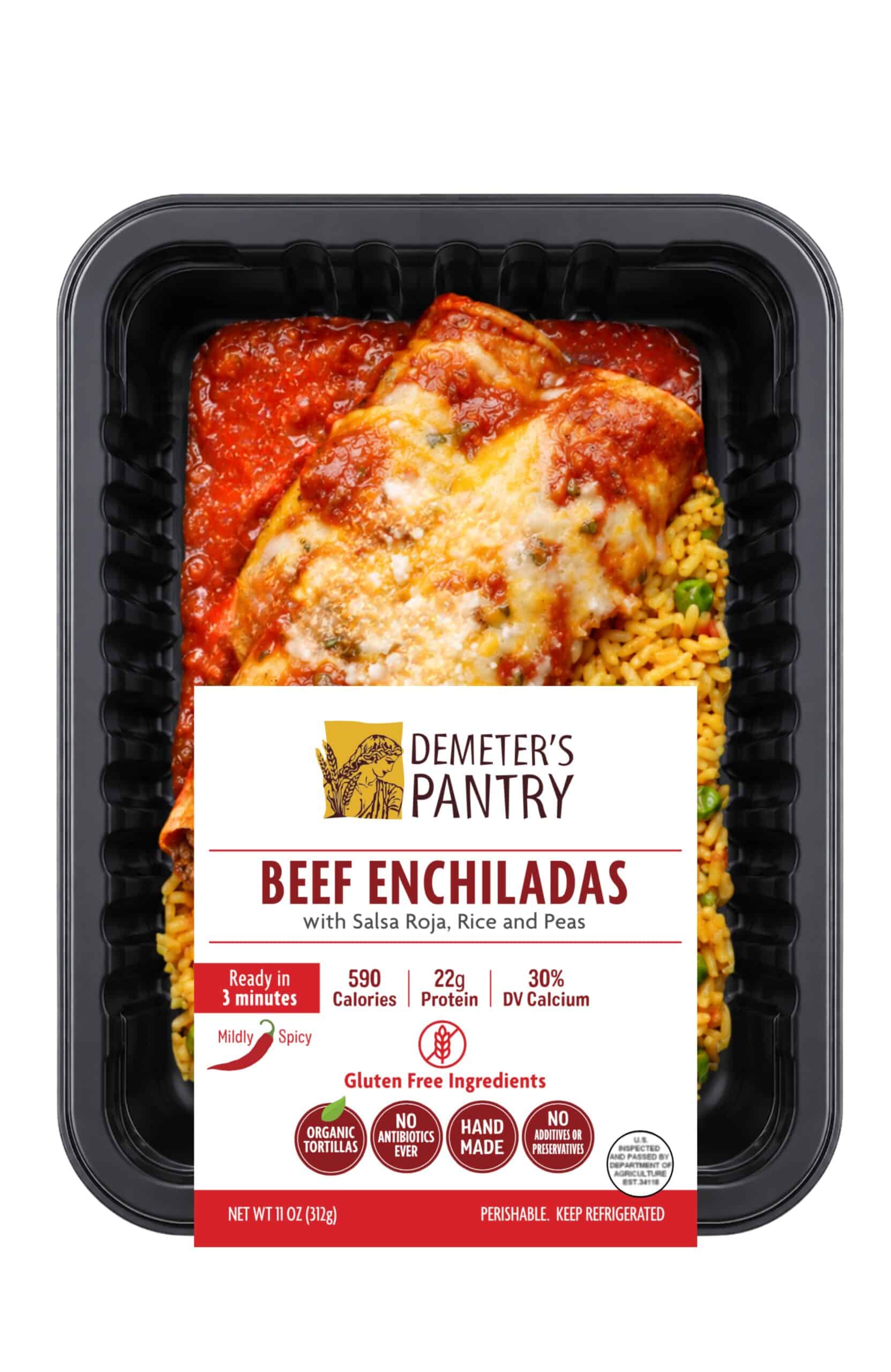 Demeter's Pantry beef enchiladas with salsa roja, rice, and peas in a black tray.