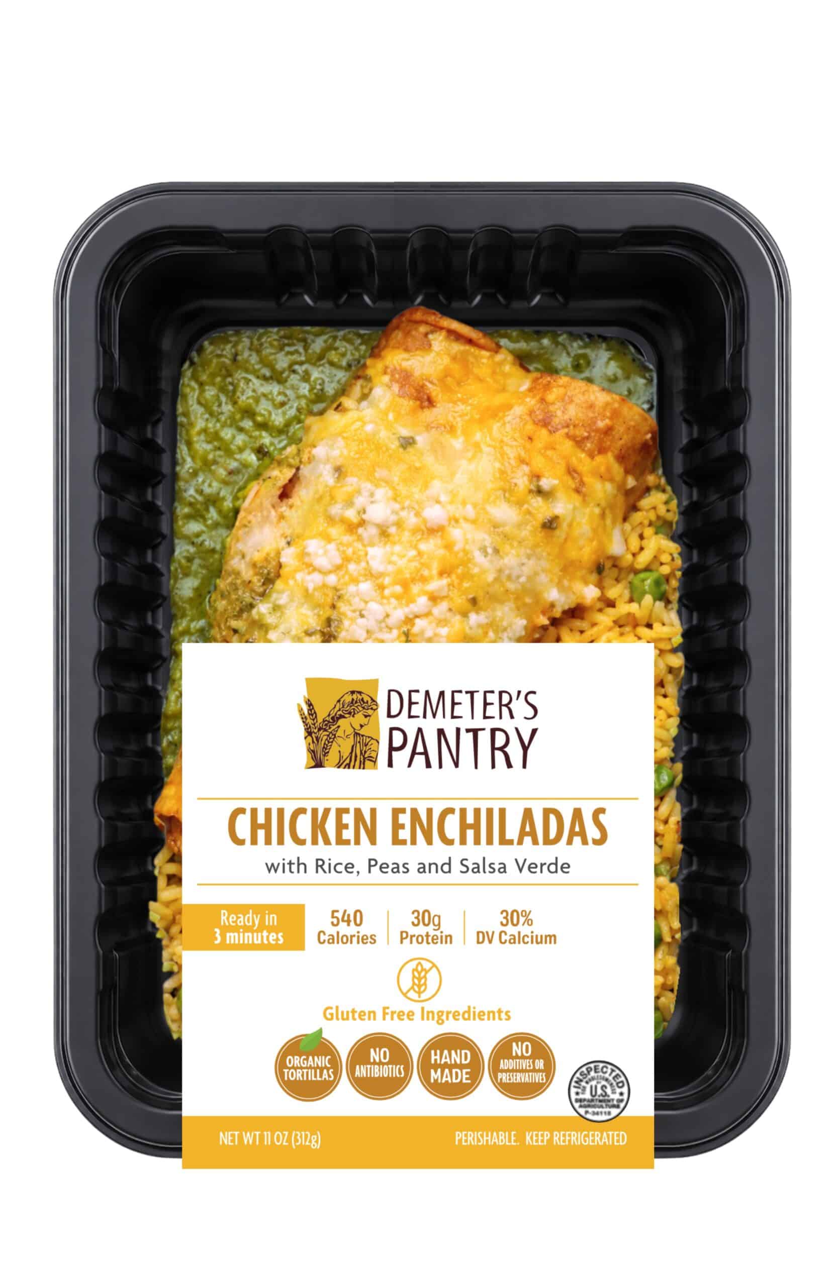 Demeter's Pantry Chicken enchiladas with rice, peas, and salsa verde in black tray.
