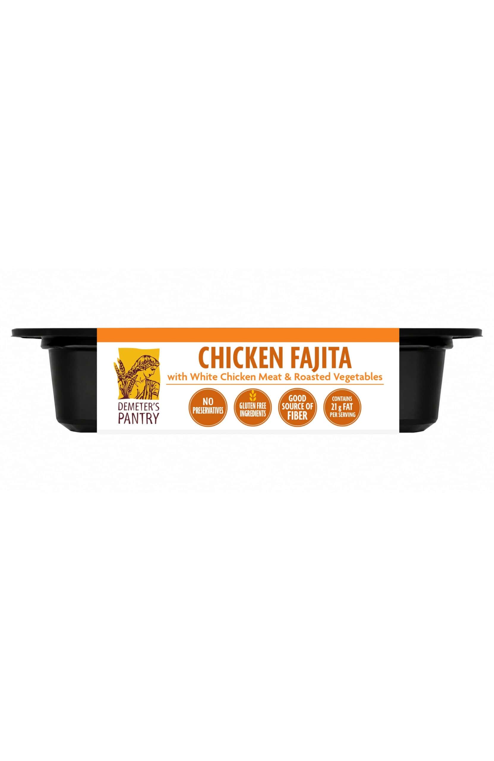 Demeter's Pantry chicken Fajita with white chicken meat and roasted vegetables in a meal container.