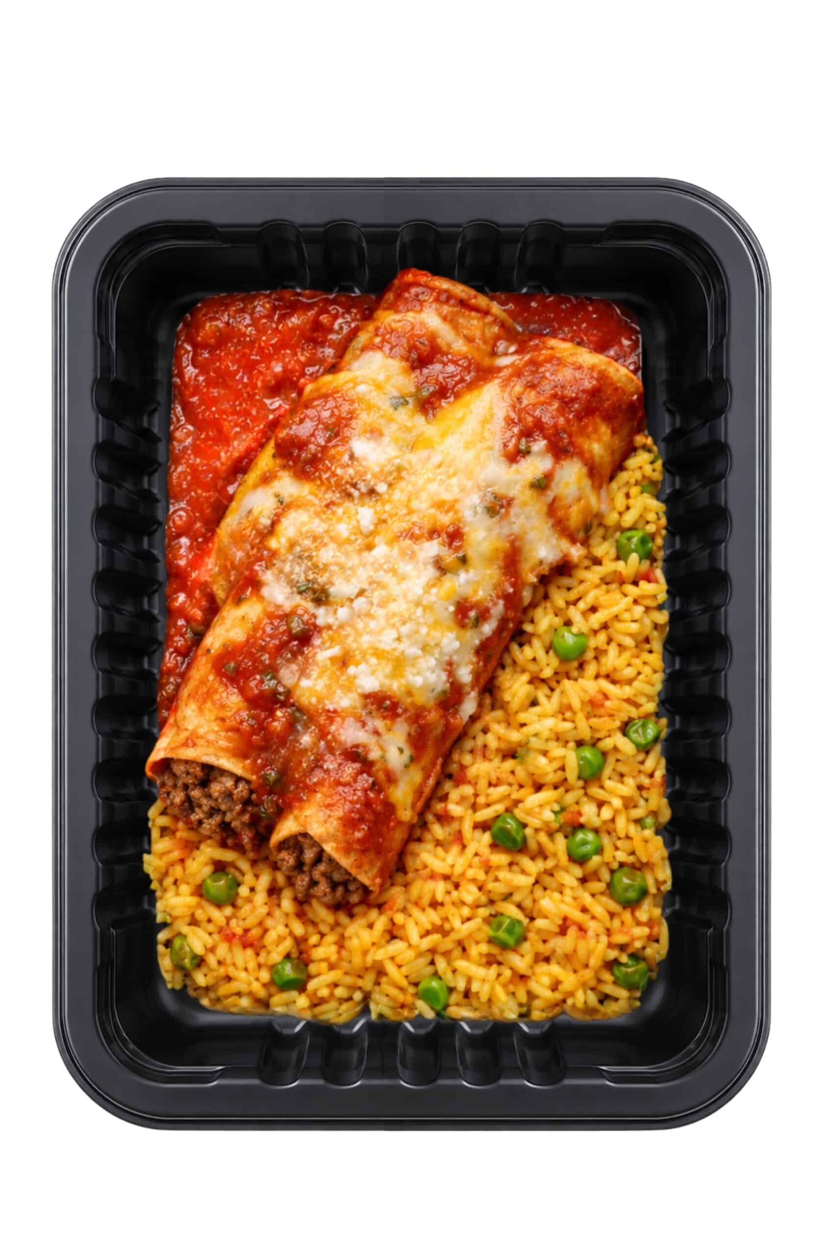 Demeter's Pantry beef enchiladas with salsa roja, rice, and peas in a black tray.