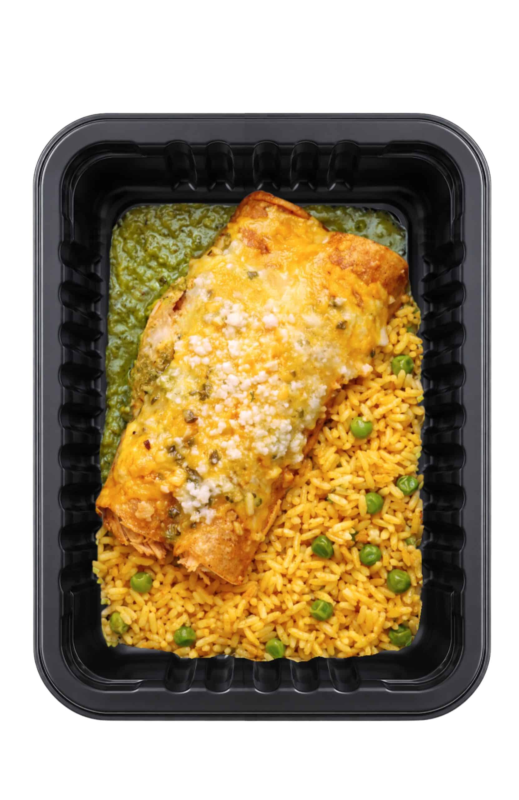 Demeter's Pantry Chicken enchiladas with rice, peas, and salsa verde in black tray.
