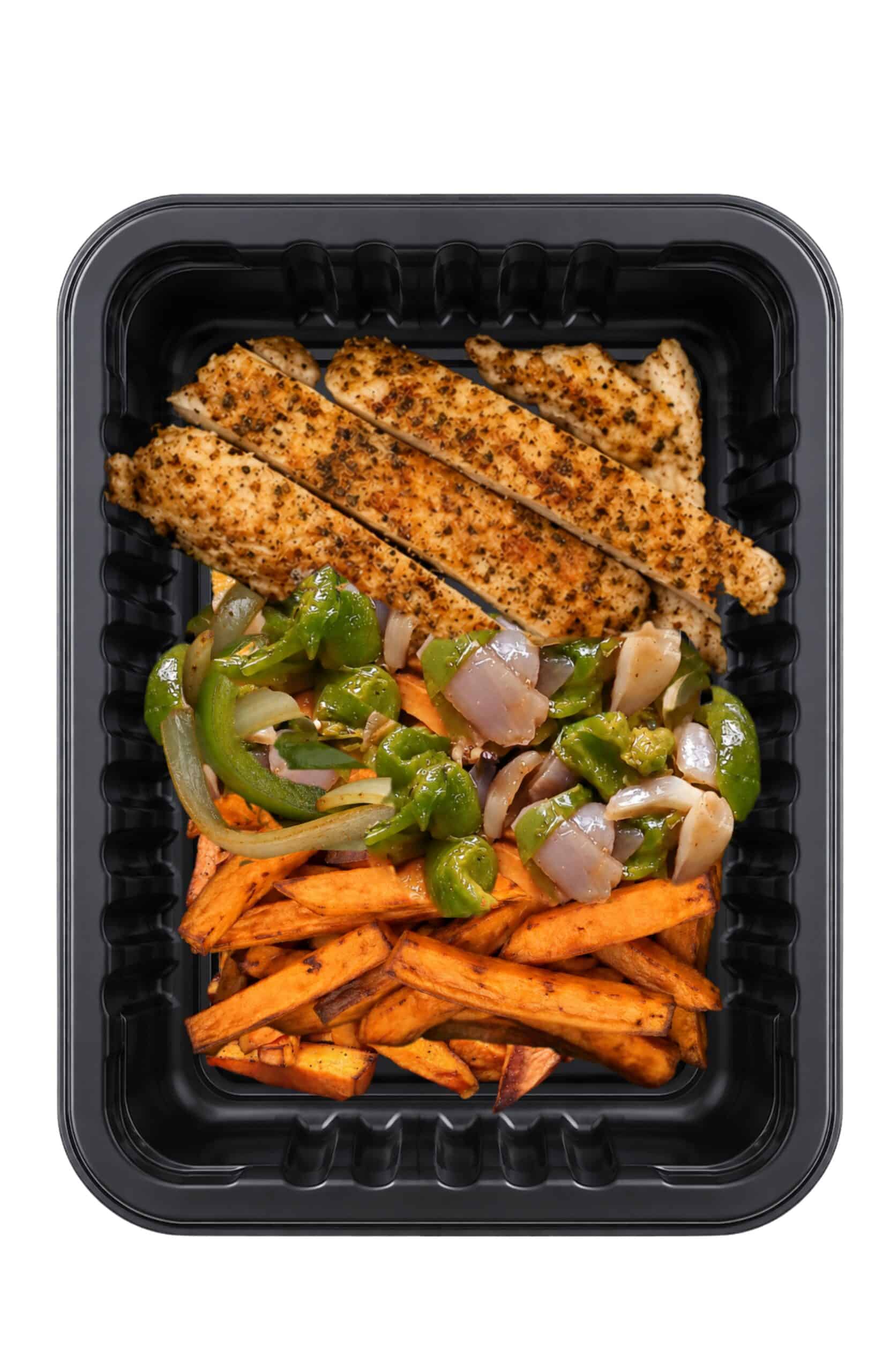 Demeter's Pantry Chicken Fajita Grilled chicken with vegetables and sweet potato fries in meal prep container.