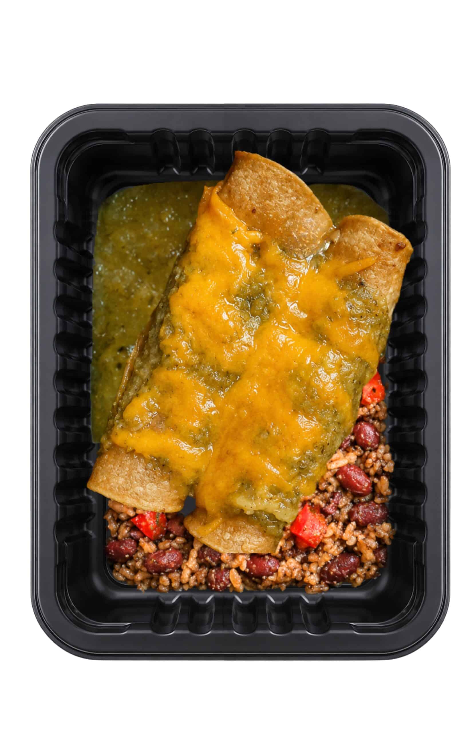 Vegetable enchiladas with brown rice, red beans, and green salsa from Demeter's Pantry.