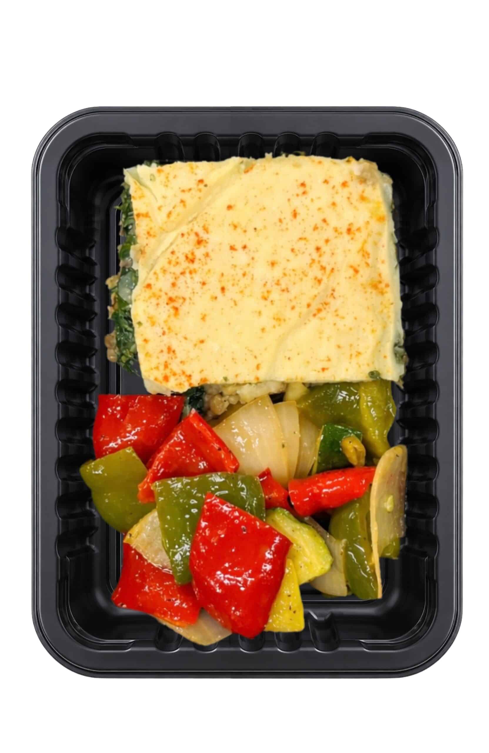 Vegetable lasagna with mixed vegetables in a black tray from Demeter's Pantry.